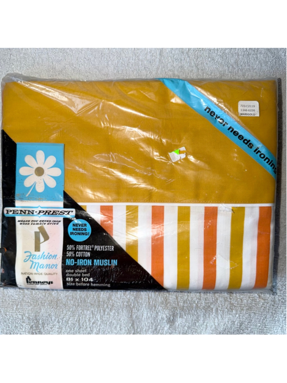 NOS Vintage Penn-Prest No-iron Muslin Double Bed Flat Sheet Marigold 81 X 104